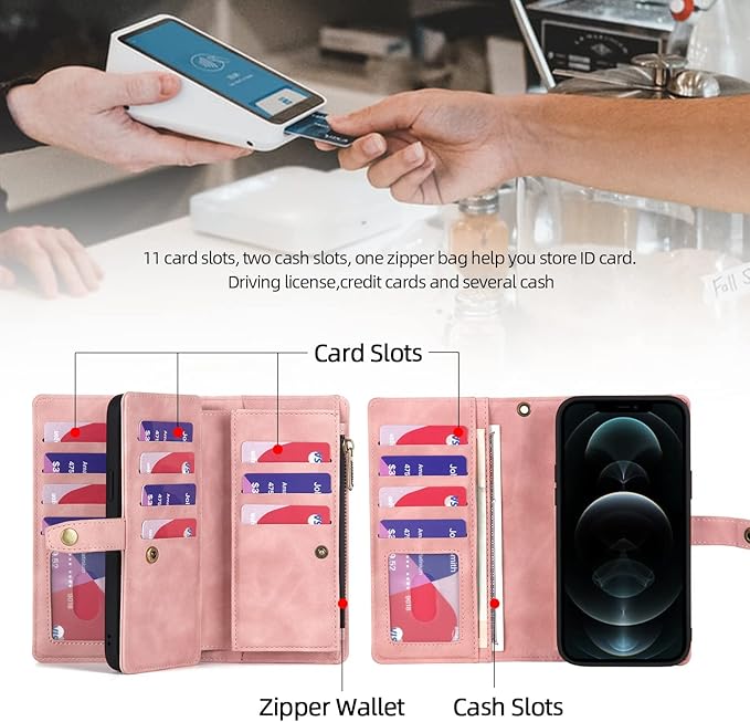 TwoHead for iPhone 12 Pro Max Wallet Case with Card Holder & Detachable Magnetic Phone Case, PU Leather Shockproof Protective Case Wallet for Women/Men,Phone Case Wallet with Wrist Strap(Pink)