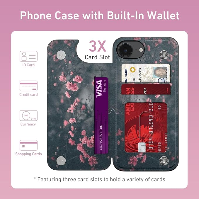 FUNMIKO for iPhone 16e Wallet Case with Card Holder, RFID-Blocking, Military-Grade Protection & UV-Printed Artwork, Magnetic Closure with Leather Kickstand - Mystic Blooming Plum