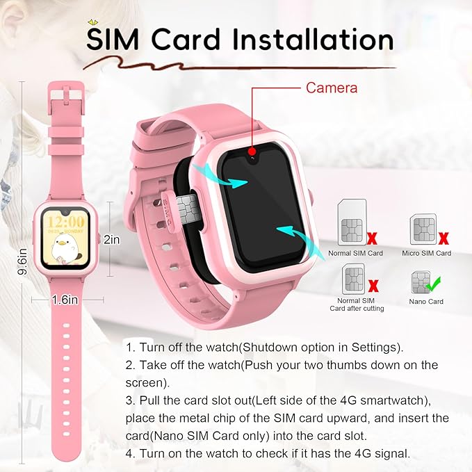 Wonlex 4G GPS Kids Smartwatch with SIM Card, 1.78" AMOLED Large Touch Screen Smart Watch for Kids, Boys Girls Phone Watch with Video Voice Calls, SOS, Camera, Pedometer, Alarm, Game(Pink)