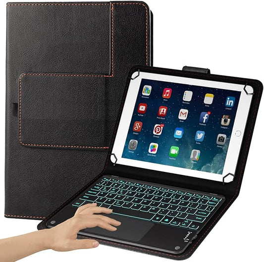 TouchPad Keyboard case for 9",9.7",10.1",10.2",10.5",10.9",11" Tablets,2-in-1 Bluetooth Wireless Keyboard with Touchpad,7 Colors Backlit & Leather Folio Cover(Black)
