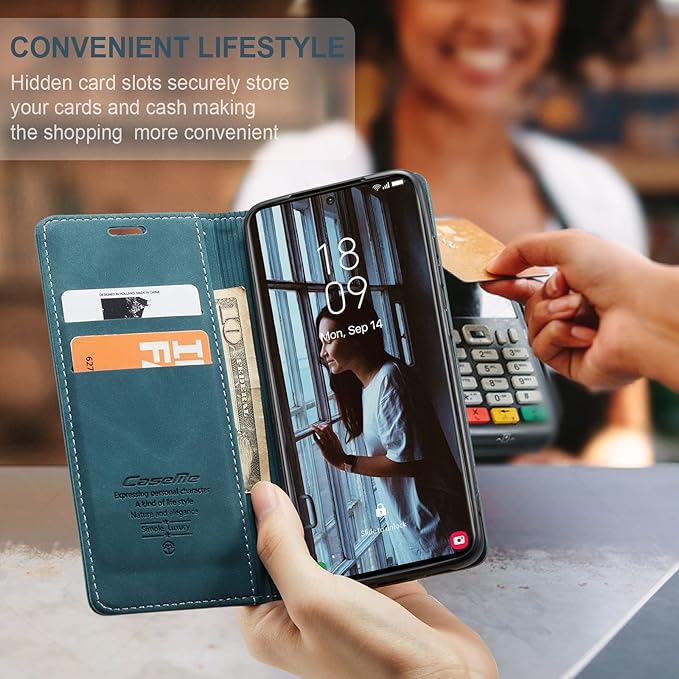 for Samsung Galaxy S21 Case, Flip Wallet Leather Case with Card Holder Magnetic Closure Shockproof Kickstand Protective Phone Cases Cover for Samsung S21,Blue-Green