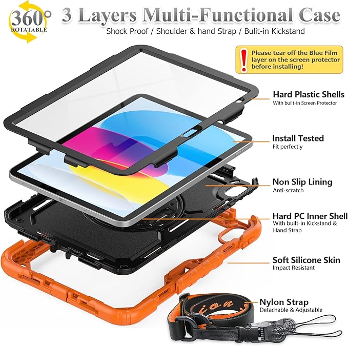 SEYMAC stock Case for iPad (A16) 11th/10th Generation 11''/10.9'' 2025/2022, Full-Body Drop Protection Case with Screen Protector &360° Rotate Hand Strap/Stand, Black+Orange
