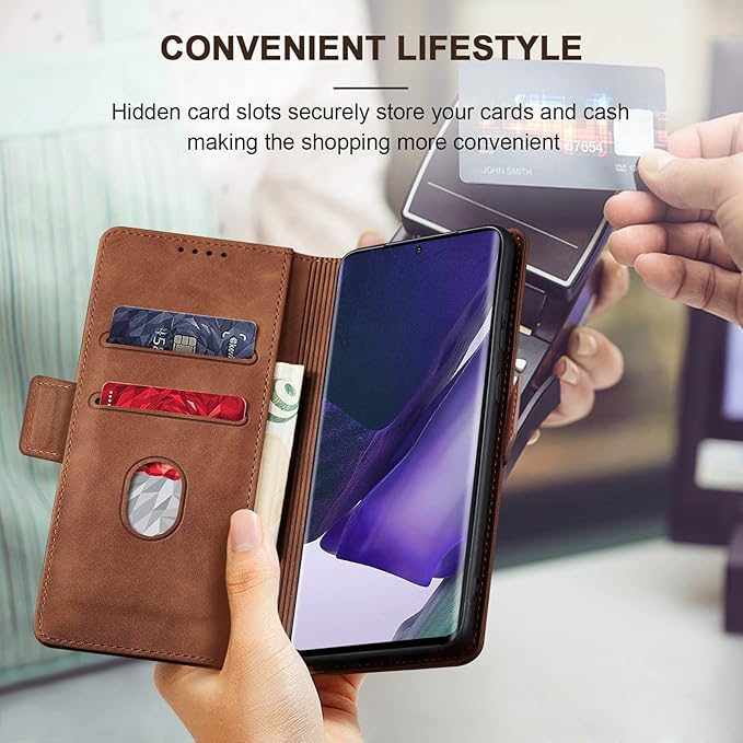 Jasonyu Flip Wallet Case for Samsung Galaxy Note 20 Ultra,Leather Magnetic Folio Cover with Card Holder,Kickstand - TPU Shockproof Durable Protective Phone Case,Brown