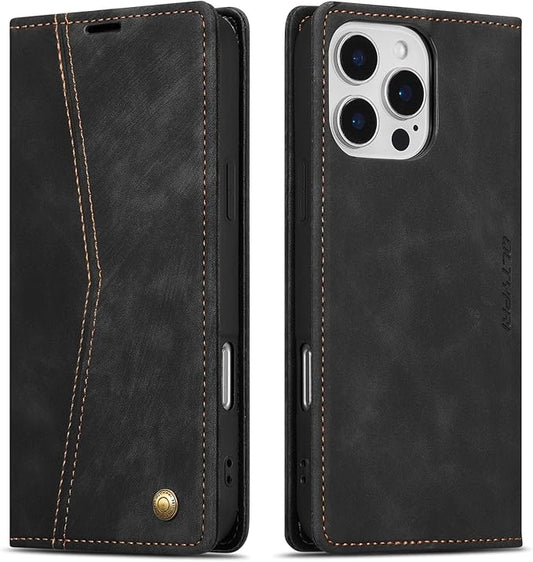QLTYPRI for iPhone 16 Pro Case Wallet with Card Holder, Vintage PU Leather Kickstand Magnetic Closure Shockproof Folio Book Cover Case for iPhone 16 Pro - Retro Black