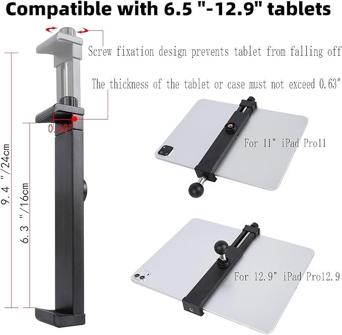 iPad Holder - Side Mount Tablet Holder for Mic Stand, Dual 360 Rotatable Adjustable for iPad Pro 12.9 Air Mini and Other 6.5-15" Tablets