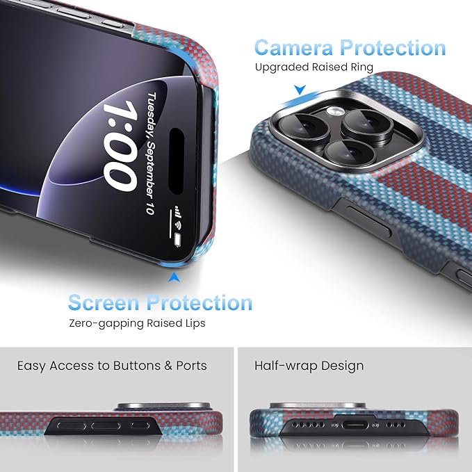 Aramid Fiber Case for iPhone 16 Pro Max, Compatible with Magnet, Slim & Light, Case-Less Touch Feeling, Red-Blue Stripes