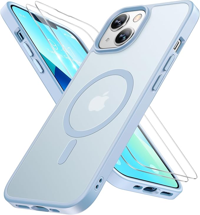 Miracase Magnetic for iPhone 13 Case 6.1 inch (Compatible with MagSafe)（with 2X Screen Protectors） Military-Grade Protection, Anti-Fingerprint Translucent Matte Phone Case Cover, Light Blue