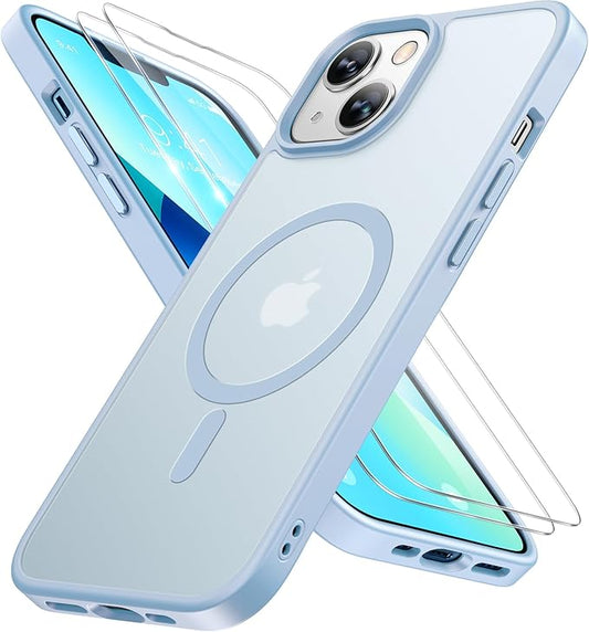 Miracase Magnetic for iPhone 13 Case 6.1 inch (Compatible with MagSafe)（with 2X Screen Protectors） Military-Grade Protection, Anti-Fingerprint Translucent Matte Phone Case Cover, Light Blue