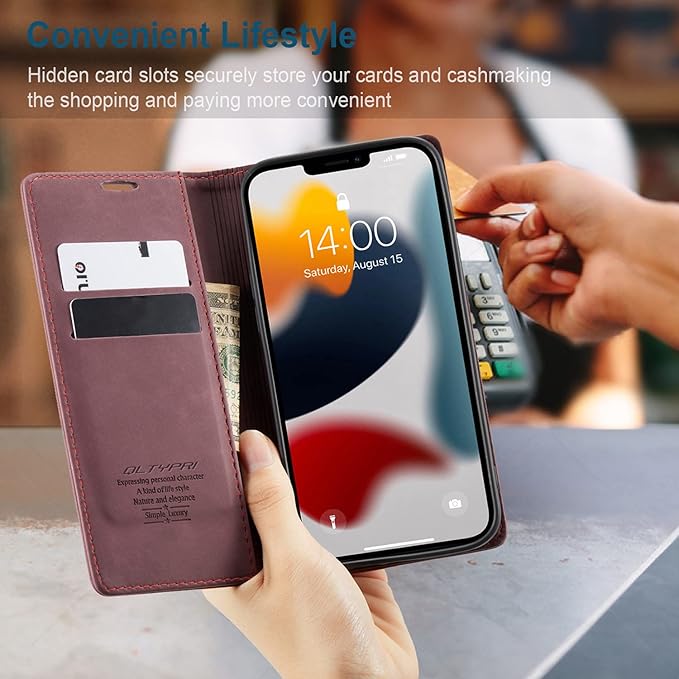 QLTYPRI Case for iPhone 14, Vintage PU Leather Wallet Case Card Slot Kickstand Magnetic Closure Shockproof Flip Folio Book Case Cover for iPhone 14(6.1 inch) - Red