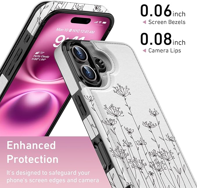 FUNMIKO for iPhone 16 Wallet Case with Card Holder, RFID-Blocking, Military-Grade Protection & UV-Printed Artwork, Magnetic Closure with Leather Kickstand - Elegantly Sketched Flower