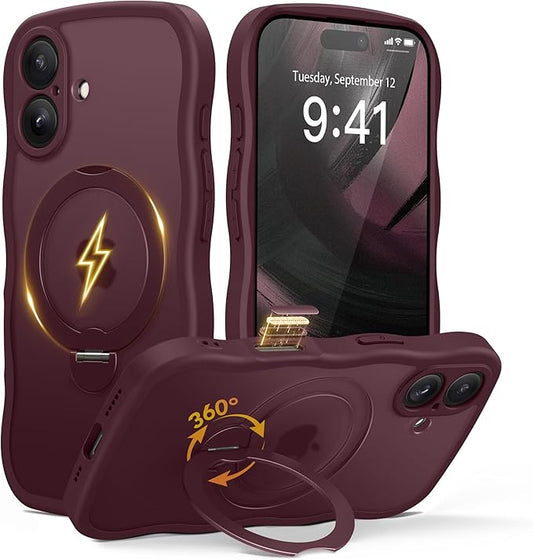 for iPhone 16 Case, [Compatible with Magsafe][360° Spin Magnetic Stand][Military-Grade Protection][Camera Control][Cute Wave Edge]Translucent Matte Women Phone Cover for iPhone 16, Wine Red