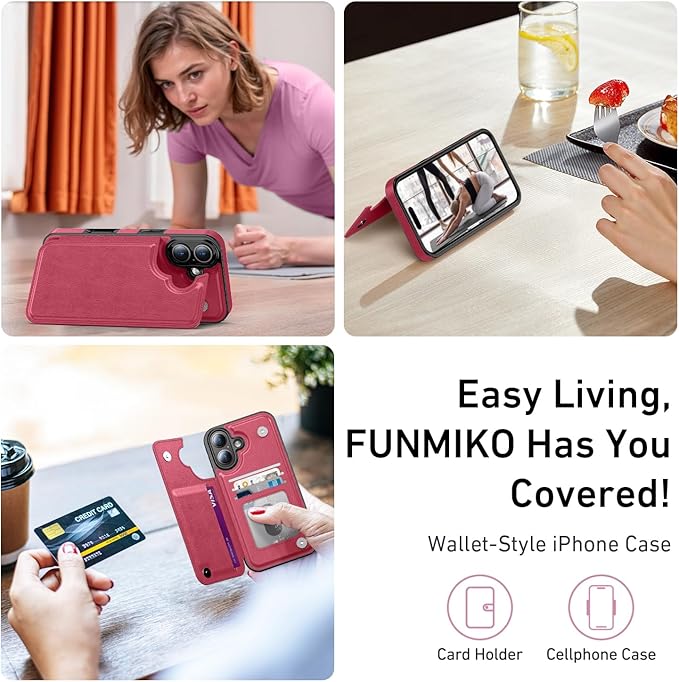 FUNMIKO for iPhone 16 Plus Wallet Case with Card Holder, RFID-Blocking, Military-Grade Protection & UV-Printed Artwork, Magnetic Closure with Leather Kickstand - Hot Pink