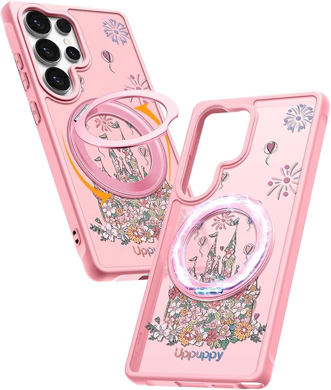 for Samsung Galaxy S25 Ultra Case with 360° Rotatable Magnetic Ring - Compatible with MagSafe, Semi-Transparent Soft-Touch Material Shockproof, Cute Pink Castle Design for Women Girl