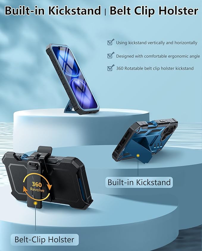 FNTCASE for iPhone 16 Phone Case: Rugged Protective Belt Clip Holster Heavy Duty with Built in Kickstand & Built-in Screen Protector | 360 Full Protection Shockproof Cover, 6.1inch (Blue)
