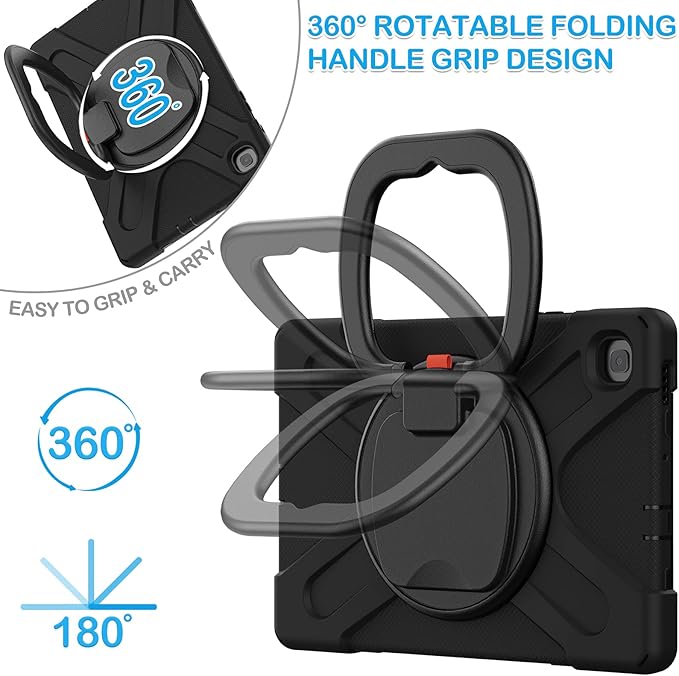 BATYUE Case for Samsung Galaxy Tab S6 Lite 10.4 Inch 2024/2022/2020 (SM-P610/SM-P613/SM-P615/SM-P619/SM-P620), Protective Case with Shoulder Strap, 360° Swivel Stand, Shockproof Drop; for Kids - Black