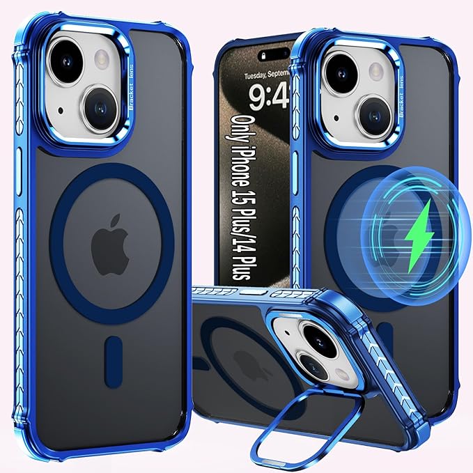 14 Plus Case for iPhone 14 Plus / 15 Plus Phone,6.7 Inch,with Stand, [Compatible with MagSafe Accessories], Magnetic Case for iPhone 15 Plus / 14Plus, Blue