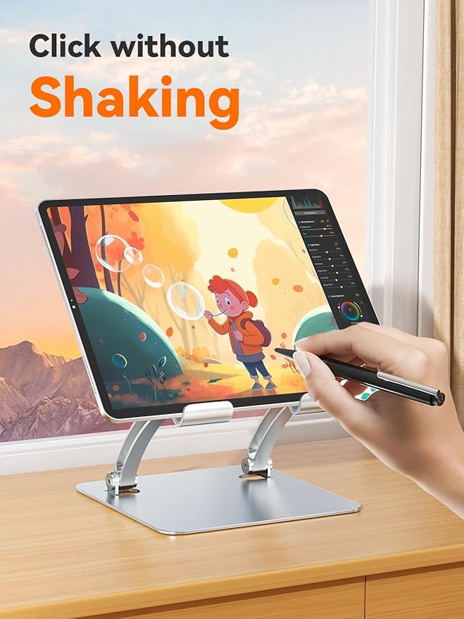 tounee Tablet Holder Stand, Dual Rod Adjustable Aluminum Desktop Stand, Compatible with 4.7-16.5" iPads, Surface Tablets, Portable Monitors, Kindle & More (Silver)