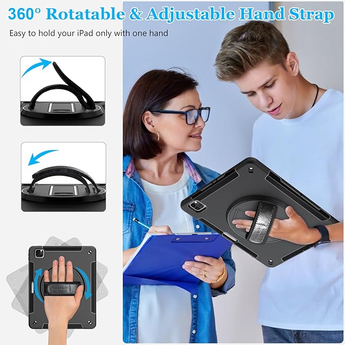 Case for iPad Air 13 Inch M3 2025 & M2 2024: Military Grade Cover for iPad Pro 12.9 6th/5th/4th/3rd Generation W/Screen Protector- Stand- Pencil Holder- Handle- Shoulder Strap- Black