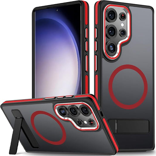 for Samsung Galaxy S25 Ultra Case, Shockproof S25 Ultra Phone Case with Kickstand, Anti-Skid Case Fits for Magsafe, Camera Frame with Raised Protection for Galaxy S25 Ultra Cover (Black/Red)