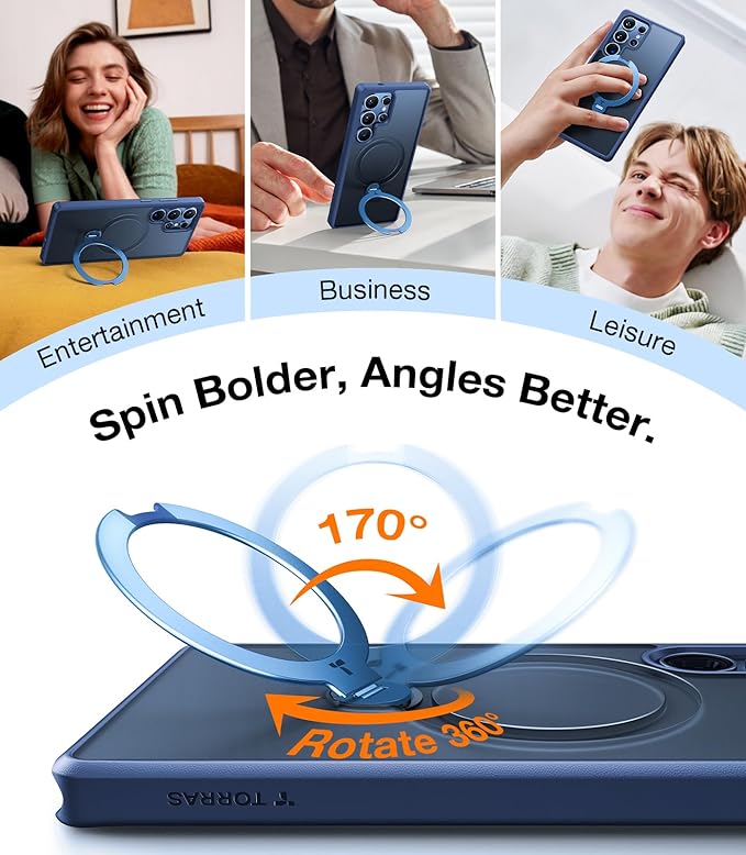 TORRAS 360° Spin Magnetic Stand for Samsung Galaxy S25 Ultra Case, Fit for Magsafe, Mil-STD Slim Protective S25 Ultra Case with Kickstand Rotatable, Aesthetic for Women Men, Ostand Spin, Navy Blue