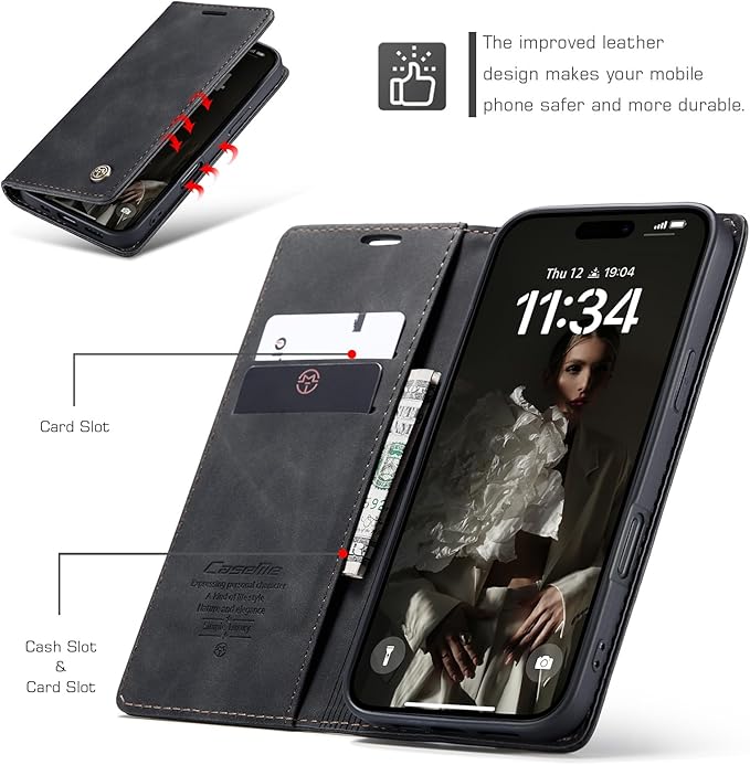 for iPhone 16 Case, Flip Wallet Leather Case with Card Holder Magnetic Closure Shockproof Kickstand Protective Phone Cases Cover for iPhone 16, Black