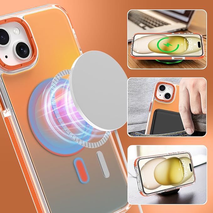 MOWIME Magnetic Case for iPhone 15 Plus [Compatible with Magsafe] [Cute Fashion Fluorescent Design] [1 Screen Protector] Slim Translucent Matte Case for iPhone 15 Plus 6.7" 2023, Orange