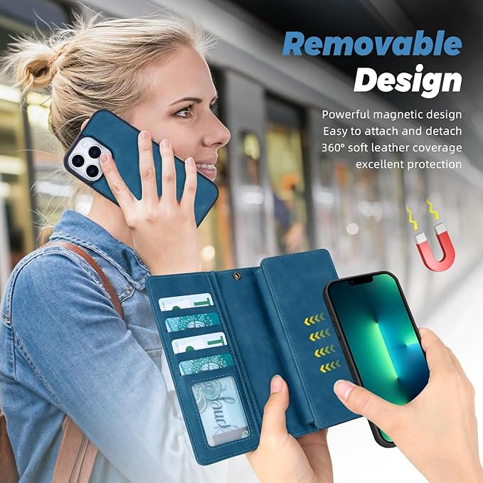 TwoHead for iPhone 13 Pro Max Wallet Case with Card Holder & Detachable Magnetic Phone Case, Leather All-Round Protection Phone Case Wallet for Women/Men,6.7 in,Navy Blue