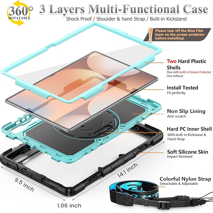 SEYMAC stock Case for Samsung Galaxy Tab S10 Ultra / S9 Ultra Tablet Case 14.6'' Protective with Screen Protector, Pen Holder, 360 Rotate Stand, Hand Strap, Shoulderr Strap, SkyBlue1