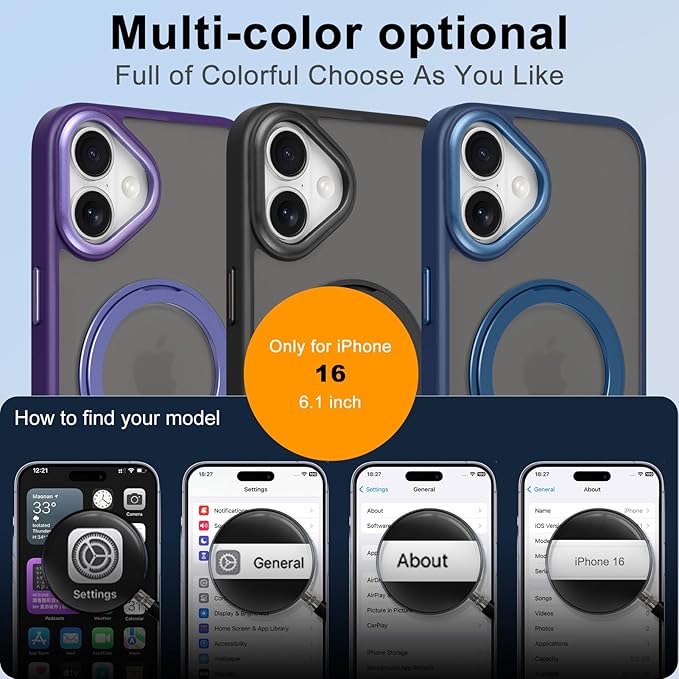 ZIYE Magnetic Case for iPhone 16 Case with Stand [Compatible with MagSafe] Slim Shockproof Military Grade Heavy Duty Cover with 360 Rotatable Ring Kickstand for Women Men, Translucent Purple