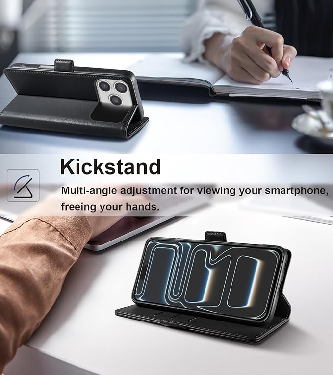 Wallet Flip Case for iPhone 17 Pro 5G - [RFID Blocking] Luxury PU Leather Card Holder Magnetic Phone Cover with Kickstand,Shockproof Protective Case,Black