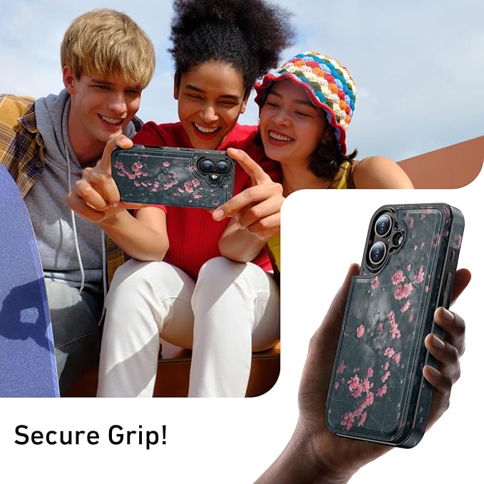 FUNMIKO for iPhone 16 Plus Wallet Case with Card Holder, RFID-Blocking, Military-Grade Protection & UV-Printed Artwork, Magnetic Closure with Leather Kickstand - Mystic Blooming Plum