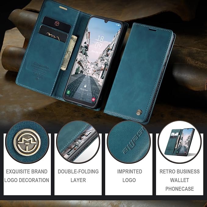 for Samsung Galaxy A50 Case, Flip Wallet Leather Case with Card Holder Magnetic Closure Shockproof Kickstand Protective Phone Cases Cover for Samsung A50,Blue-Green