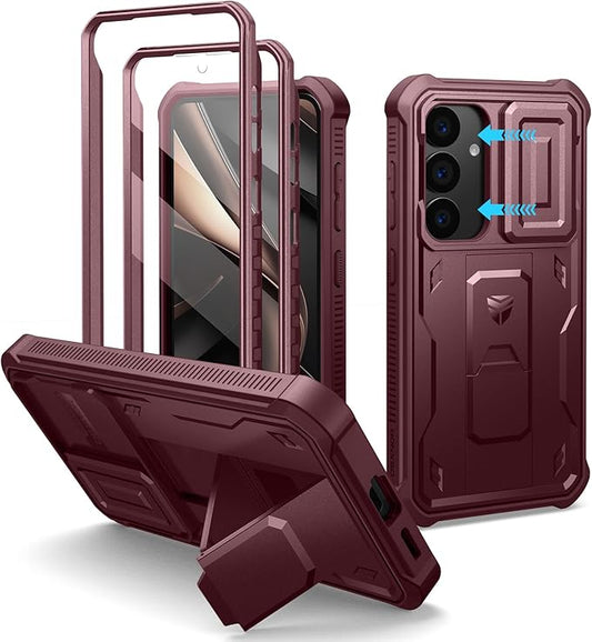 Dexnor for Samsung Galaxy S25 Case with Built-in Slide Camera Cover & Screen Protector & Kickstand,Heavy-Duty Shockproof Rugged Case Full-Body Bumper Protective Cover for Galaxy S25(2025),Maroon Red