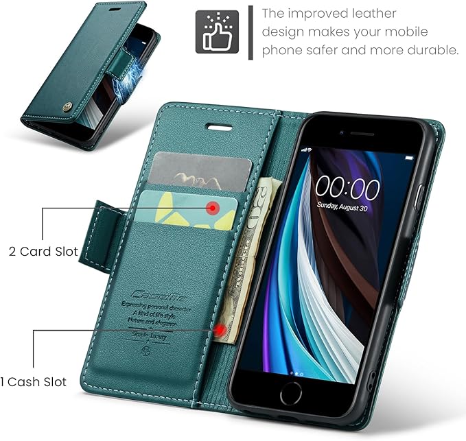 for iPhone SE 2022/3rd/2020/2rd,iPhone 8/7 Case, Premium PU Leather Wallet Case Flip Cover with [RFID Blocking][Card Holder] Protective for iPhone SE 2022/2020, iPhone 8/7, Blue-Green