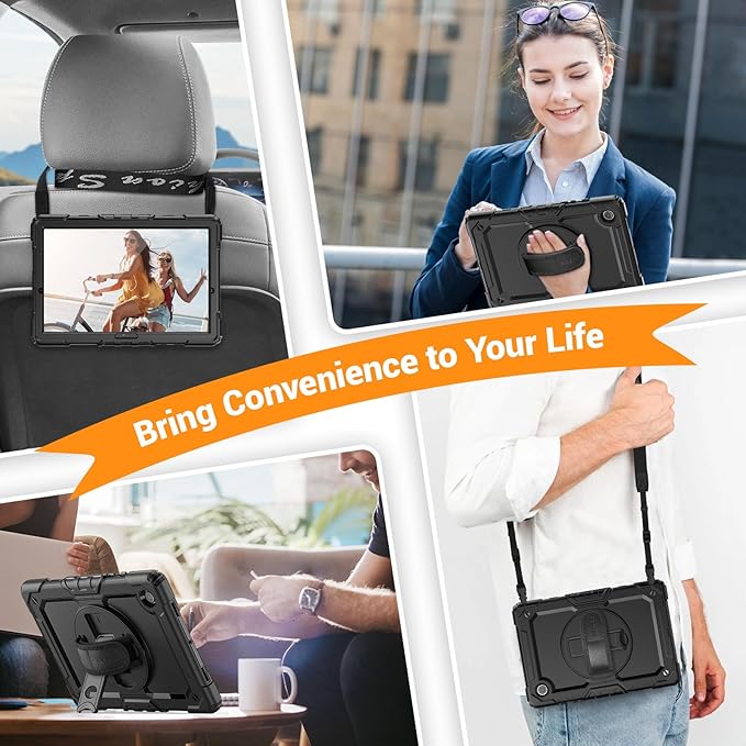 SEYMAC for Samsung Galaxy Tab A8 Case 10.5 Inch (SM-X200/ X205/ X207), Heavy Duty Full-Body Shockproof Protective Case with Screen Protector, Rotating Stand, Hand/Shoulder Strap and Pen Holder, Black