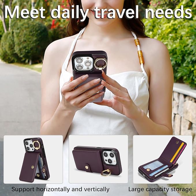 Compatible iPhone 16 Pro Wallet Case with Card Holder RFID Blocking PU Leather Doubles as a Wallet Unisex Flip Shockproof Protection with Card Slots Ring Wrist Kickstand Function,Purple