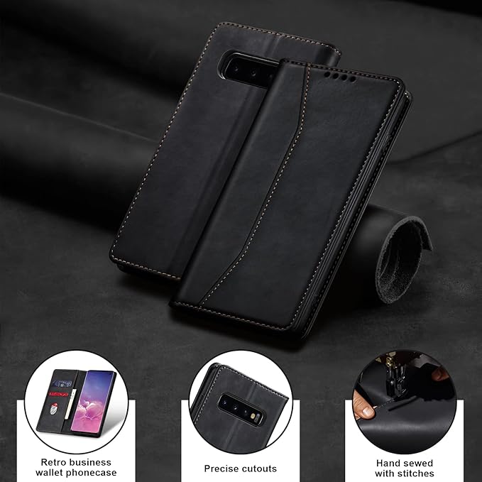 Jasonyu Flip Wallet Case for Samsung Galaxy S10,Leather Magnetic Folio Cover with Card Holder,Kickstand - TPU Shockproof Durable Protective Phone Case,Black
