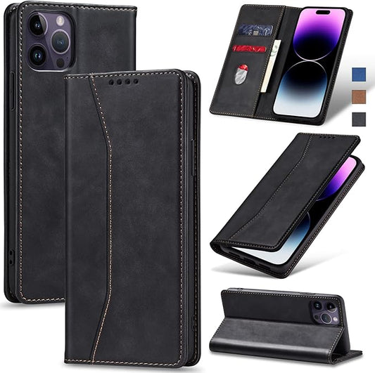 Jasonyu Flip Wallet Case for iPhone 14 Pro Max 5G,Leather Magnetic Folio Cover with Card Holder,Kickstand - TPU Shockproof Durable Protective Phone Case,Black