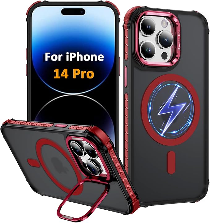 Magnetic for iPhone 14 Pro Case Red with MagSafe Wireless Charging Heavy Duty Military-Grade Shockproof Protection Adjustable Kickstand Slim Matte Anti-Fingerprint Cover Men Women