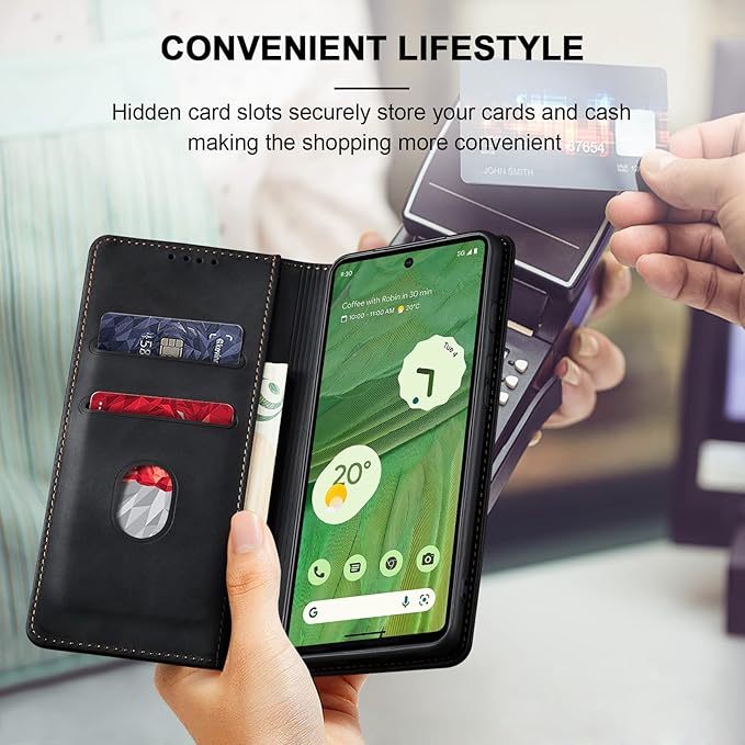 Jasonyu Flip Wallet Case for Google Pixel 7 5G,Leather Magnetic Folio Cover with Card Holder,Kickstand - TPU Shockproof Durable Protective Phone Case,Black