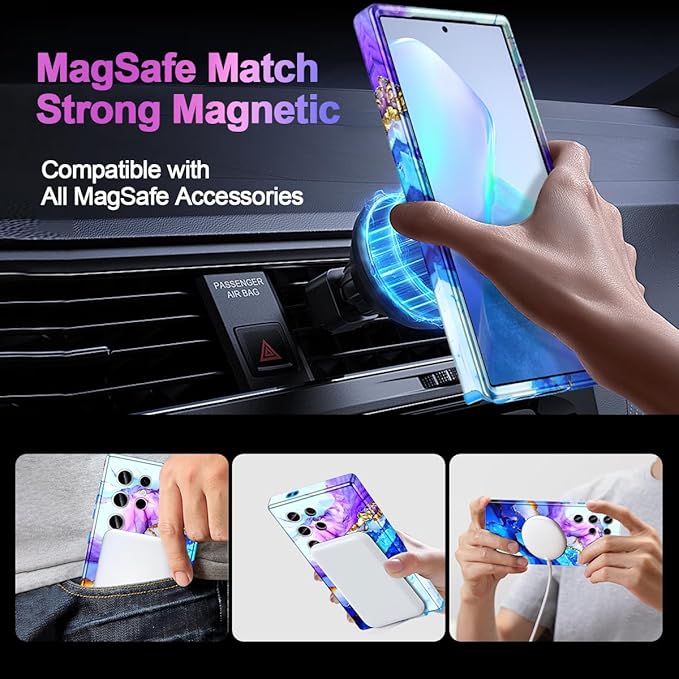 Casetego for Galaxy S24 Ultra Case,Compatible with MagSafe,[Military Grade Drop Test] Full Body Protection Slim Shockproof Rugged Marble Women Case for Samsung Galaxy S24 Ultra 6.8 inch,Azure Blue