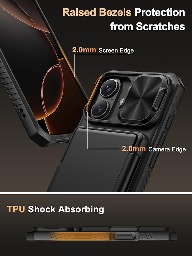 Vihibii for iPhone 16 Case with [2X Screen Protector], Built-in Card Holder (4 Cards), [RFID Blocking] & Slide Camera Cover & Tempered Glass Films, Rugged Wallet Case for 16 6.1" 2024, Black