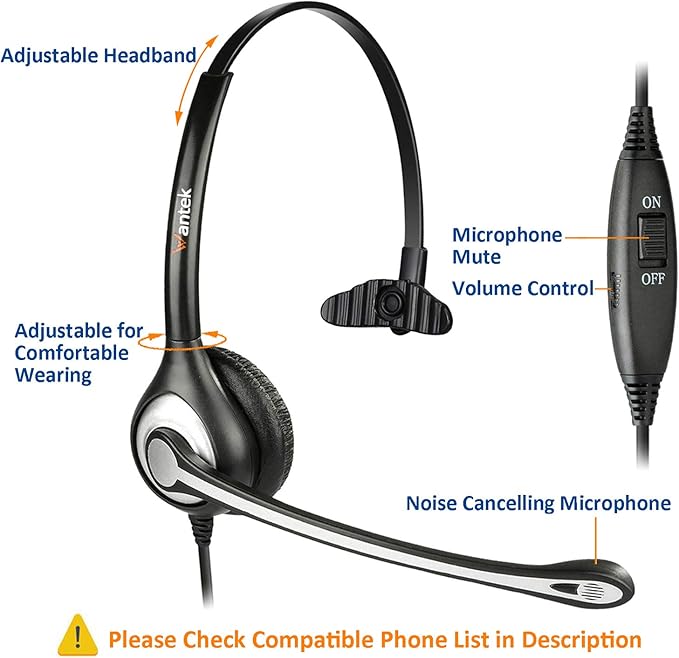 Wantek Corded Telephone Headset Mono w/Noise Canceling Mic Compatible with ShoreTel Plantronics Polycom Zultys Toshiba NEC Aspire Dterm Nortel Norstar Meridian Packet8 Landline Deskphones(F600S2)