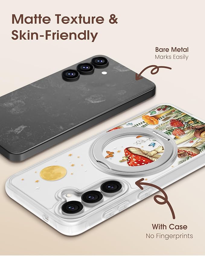 for Samsung Galaxy S25 Case with 360° Rotatable Magnetic Ring - Compatible with MagSafe, Semi-Transparent Soft-Touch Material Shockproof, Cute Mushroom & Butterfly Design for Women Girl