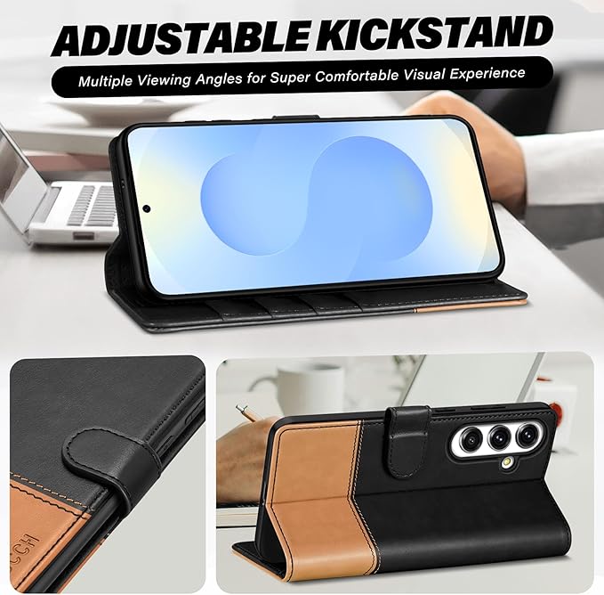 TUCCH Wallet Case for Galaxy S25 FE 5G, Magnetic PU Leather Stand [RFID Blocking] 4 Card Slots Folio Protective Cover with TPU Shockproof Inner Shell (6.7") 2025, Black & Brown