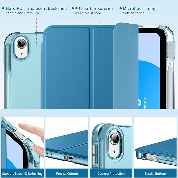 MoKo for iPad (A16) 11th Generation Case 11 Inch 2025, iPad 10th Generation Case 10.9 Inch 2022 with Pencil Holder, Slim Light Trifold Protective Cover with Hard PC Translucent Back Shell,Peacock Blue