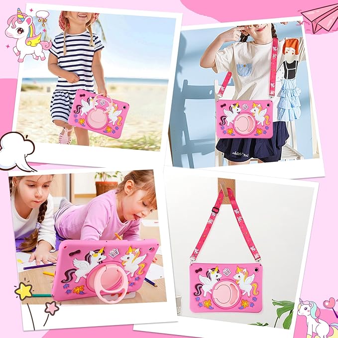 HianDier for Samsung Galaxy Tab A9+ Plus Case Cute Unicorn Silicone for Samsung A9 Plus Tablet Case with Detachable Strap and Rotatable Stand Shockproof Cover for Galaxy Tab A9+ 11" 2023-Rose Pink