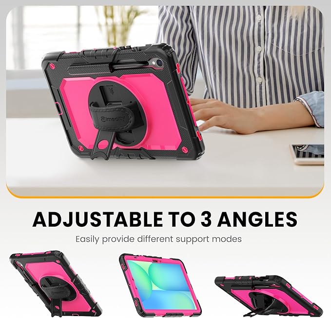 Timecity Case for Samsung Galaxy Tab S10 FE/ S9 FE 5G 10.9 Inch/ S9 11 Inch - Heavy Duty Protective Cover with Screen Protector, Rotating Stand, Shoulder Strap & S Pen Holder | Kids-Friendly, Rose