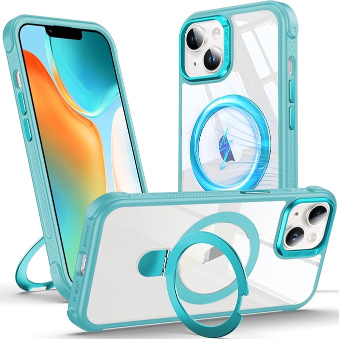 Anqrp O-Ring Magnetic Kickstand Clear Case for iPhone 14/13, Compatible with Mag-Safe, Military-Grade Reinforced 4-Corners Anti-Yellowing Transparent Phone Case Cover for iPhone 13/14, Teal