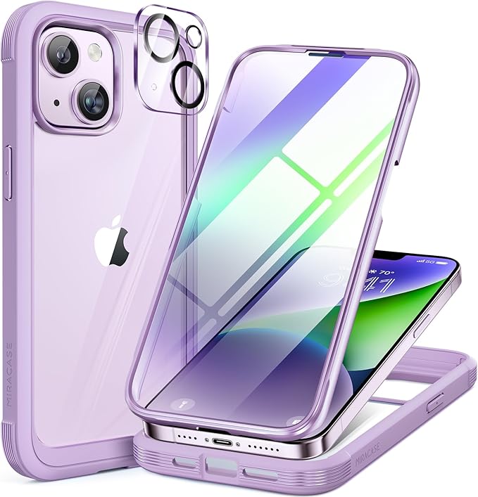 Miracase Glass Series Designed for iPhone 14 Plus Case 6.7 inch, 2023 Upgrade Full-Body Clear Bumper Phone Case with Built-in 9H Tempered Glass Screen Protector and Camera Lens Protector,Purple